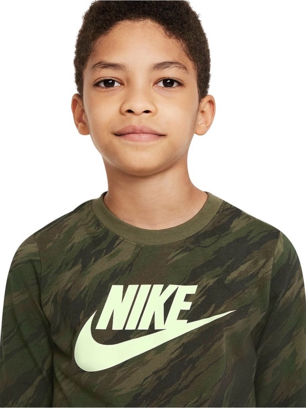 Nike Boys' Olive Camo Crewneck with Neon Logo